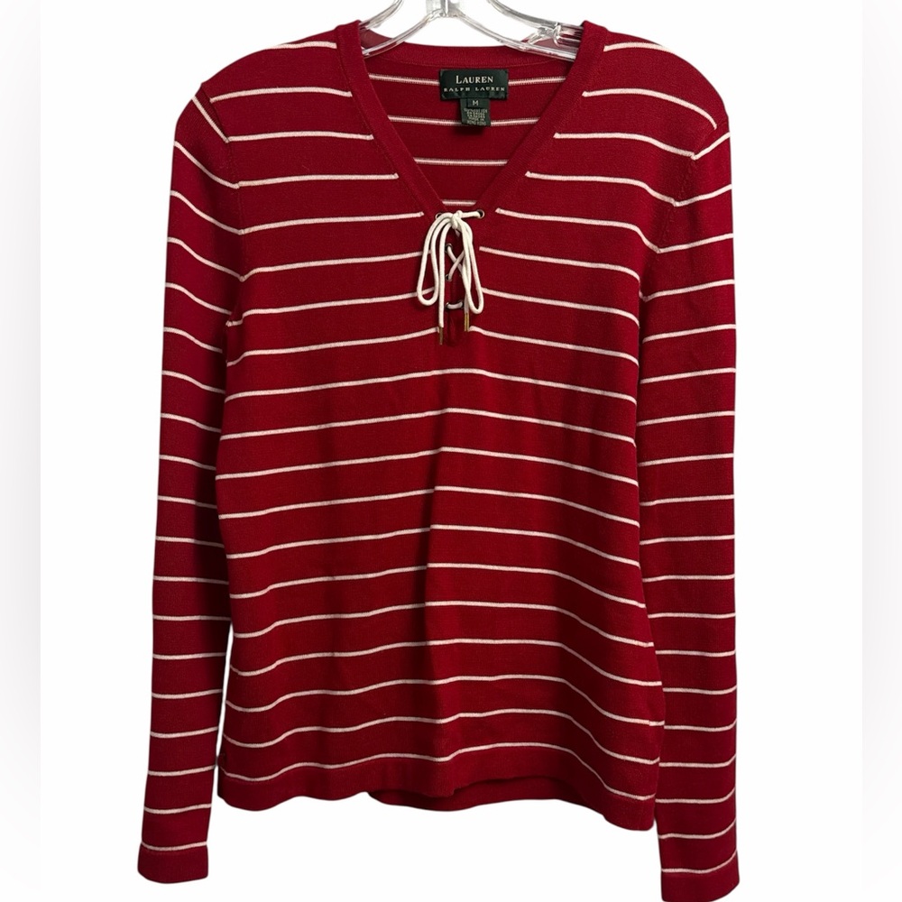 Ralph Lauren Red & White Striped V-Neck Lace-Up Sweater